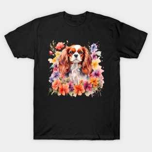 A cavalier king charles spaniel decorated with beautiful watercolor flowers T-Shirt